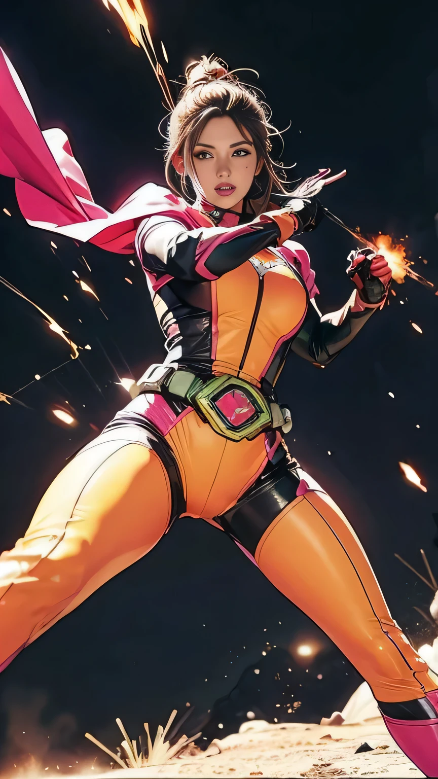 Solo, A brave and courageous image of a 6 member ranger team, Each one is decorated in vibrant colors such as:: ((Pink)), red is front of center, violet, Green, yellow, blue black, white,. Dynamic poses in a background that exudes energy and courage, neon, fire, plasma, Fluorescent, shocking, pink big bomber, splashing pink, running, fighting pose, action pose, (cape:1.5), (たなびくピンクのマフラー:1.5)、Embodying the essence of the classic Sentai superhero team. Each Ranger:: The attire is sophisticated and modern, Each color has elements that reflect its theme., Ready for action. ((Camel Toe)), weapons, in sunset background , in cinematic lighting, cover art mixed cinema poster style, 