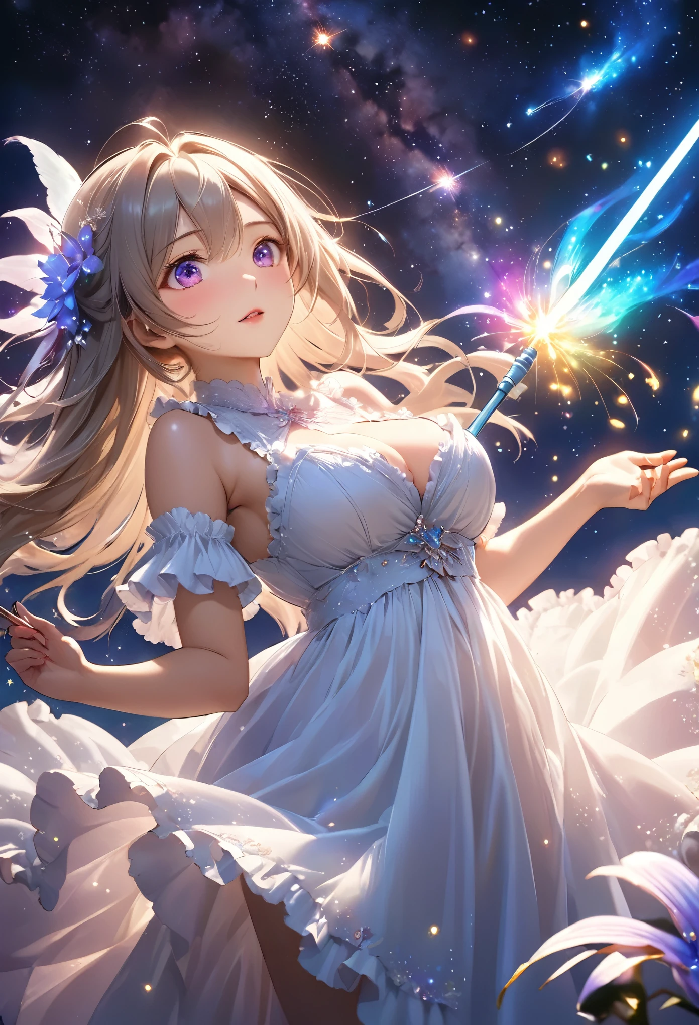 Highest quality, Super quality, 16K, Incredibly absurd, Very detailed, 2.5D, delicate and dynamic, Small faint lights and flying fireflies, night, Starry Sky, milky way, nebula, shooting star, Flowers, birds, wind and moon, Extremely delicate facial expression, Delicate eye depiction, Upper body close-up, erotic, sole sexy lady, healthy shaped body, 22 years old lady, White Devil Guide, 170cm tall, huge firm bouncing busts, Colorful magic wand, A long dress with a complex structure, A colorful long dress, frilly see-through long dress