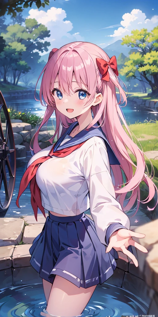 1girl, solo, young lady, nodoka haramura, blue eyes, hair bow, long hair, pink hair, bow, large breast, shiny skin,
BREAK blue skirt, kiyosumi, pleated skirt, serafuku, skirt,
BREAK looking at viewer, cowboy shot, blush, open mouth, light smile,
BREAK outdoors, japanese countryside, tree, blue sky, cloud, brook, water wheel, model posing,
BREAK (masterpiece:1.2), best quality, high resolution, (illustration:1.2), (beautiful detailed eyes:1.2), extremely detailed face, extremely detailed CG, (perfect hands, perfect anatomy),