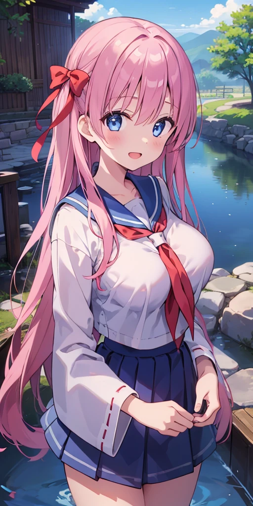 1girl, solo, young lady, nodoka haramura, blue eyes, hair bow, long hair, pink hair, bow, large breast, shiny skin, 
BREAK blue skirt, kiyosumi, pleated skirt, serafuku, skirt, 
BREAK looking at viewer, cowboy shot, blush, open mouth, light smile,
BREAK outdoors, japanese countryside, tree, blue sky, cloud, brook, water wheel, model posing, 
BREAK (masterpiece:1.2), best quality, high resolution, (illustration:1.2), (beautiful detailed eyes:1.2), extremely detailed face, extremely detailed CG, (perfect hands, perfect anatomy),