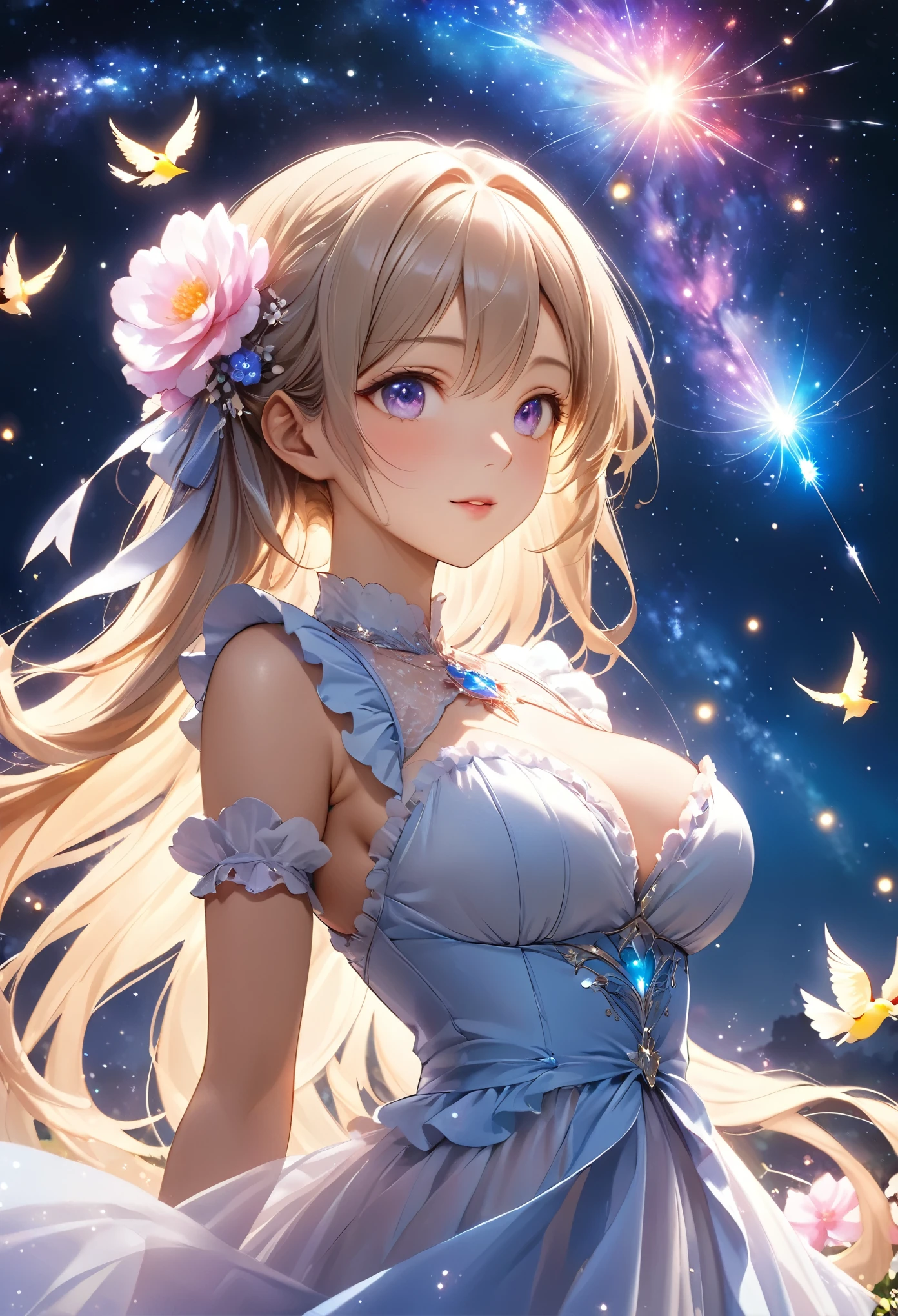 Highest quality, Super quality, 16K, Incredibly absurd, Very detailed, 2.5D, delicate and dynamic, Small faint lights and flying fireflies, night, Starry Sky, milky way, nebula, shooting star, Flowers, birds, wind and moon, Extremely delicate facial expression, Delicate eye depiction, Upper body close-up, erotic, sole sexy lady, healthy shaped body, 22 years old lady, White Devil Guide, 170cm tall, huge firm bouncing busts, Colorful magic wand, A long dress with a complex structure, A colorful long dress, frilly see-through long dress