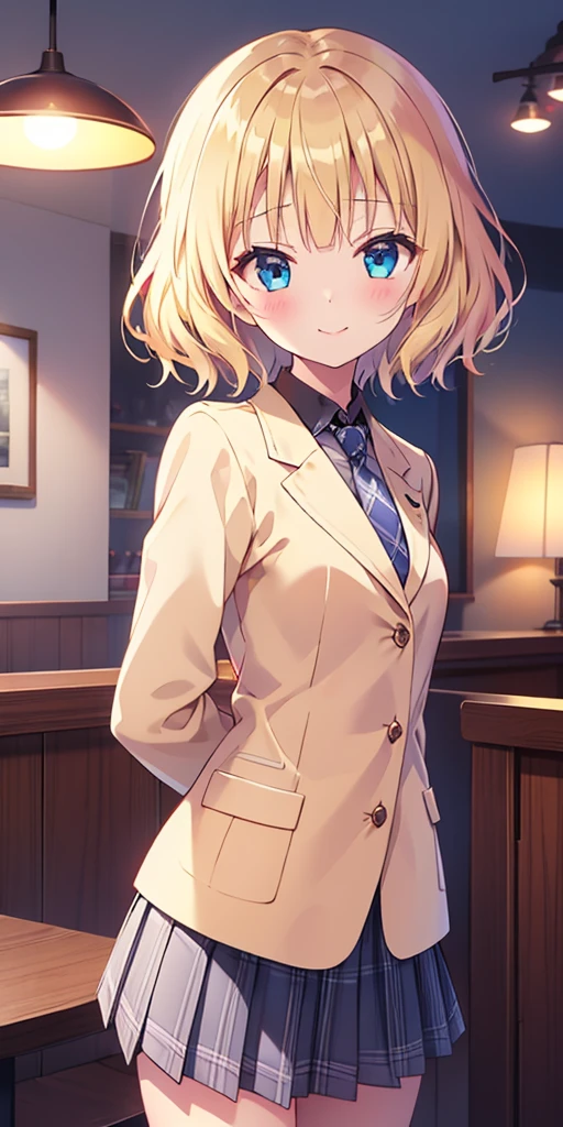 1girl, solo, thin, kirima syaro, gochuumon wa usagi desu ka?, medium hair, blonde hair, blue eyes, small breasts,
BREAK necktie, shirt, black shirt, plaid, plaid necktie, jacket, long sleeves, plaid skirt, pleated skirt, collared shirt, blazer, ribbon, white jacket, black ribbon,hair ribbon, grey necktie, buttons,
BREAK looking at viewer, cowboy shot, pov, head tilt, arms behind back,
BREAK indoor, coffee shop, lamp light, blush, light smile,
BREAK (masterpiece:1.2), best quality, high resolution, (beautiful detailed eyes:1.2), extremely detailed face, extremely detailed CG, (perfect hands, perfect ???????),