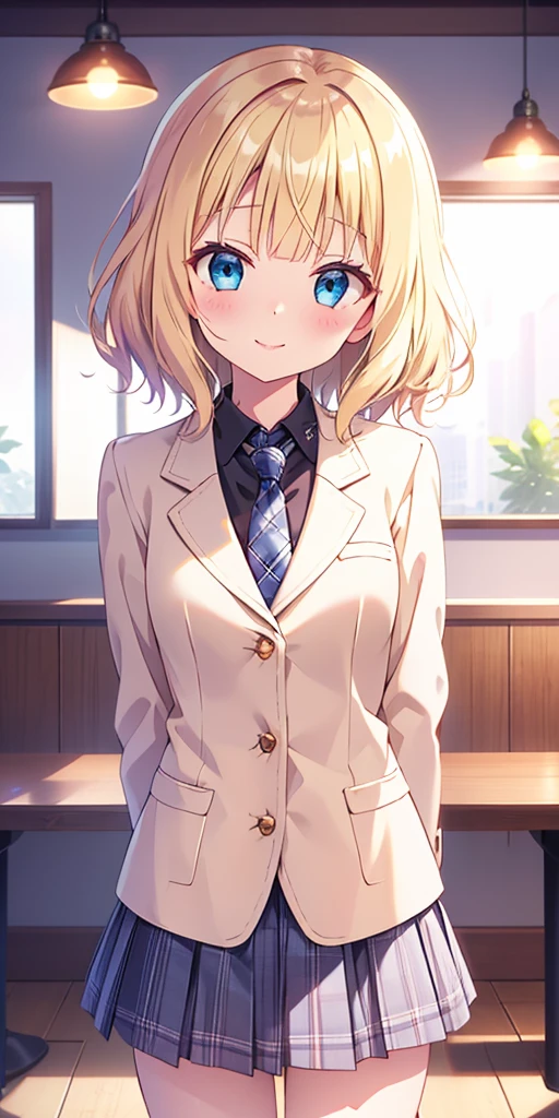 1girl, solo, thin, kirima syaro, gochuumon wa usagi desu ka?, medium hair, blonde hair, blue eyes, small breasts, 
BREAK necktie, shirt, black shirt, plaid, plaid necktie, jacket, long sleeves, plaid skirt, pleated skirt, collared shirt, blazer, ribbon, white jacket, black ribbon,hair ribbon, grey necktie, buttons, 
BREAK looking at viewer, cowboy shot, pov, head tilt, arms behind back,
BREAK indoor, coffee shop, lamp light, blush, light smile, 
BREAK (masterpiece:1.2), best quality, high resolution, (beautiful detailed eyes:1.2), extremely detailed face, extremely detailed CG, (perfect hands, perfect anatomy), 