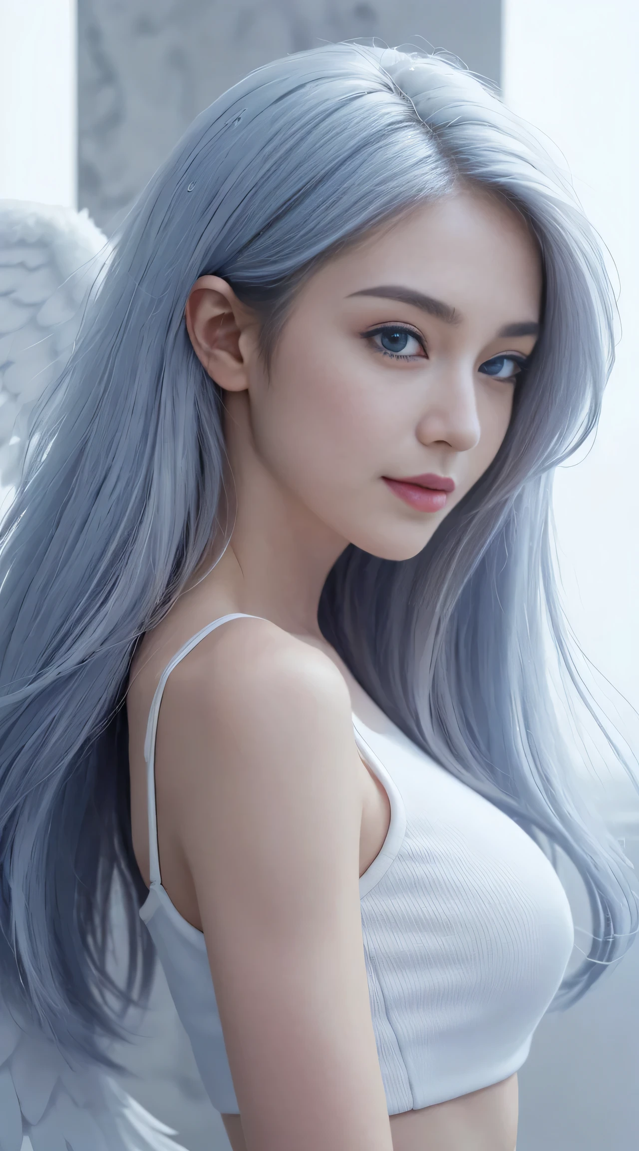8K, Top Quality, Intricate Details, Ultra Detail, Ultra High Resolution, Masterpiece, random angle, Slender, Smile, (Makeup: 0.4), (Fluffy Blue Eyes: 1.21), blue Eyes, looking at viewer, ((full body)), 1girl, solo, 1 girl, (( full body)), close up shot, , ((tall)), (((fit body))), (((slim face))), sharp face, sharp eyes, ((( white hair, very long hair, )) , (detailed face), sharp face, small lips,
((angel wing )), ((crop top)), detailed face, detailed breast, , large breast, detail ass, , Beautiful girl with accentuated slender abs: 1.4, Six Pack Abs: 1.4, Bust Botox, Big, Perfect Body, detail leg, (( in heaven)),