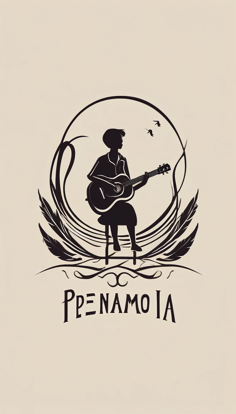 A minimal, modern, simple, cinematic logotype for the brand “Penamemoria". The logotype must be a simple, magical feather and a boy playing acoustic guitar. The logo must convey a sense of music, stories and dreams. Logo design impressed on a book cover. Minimalistic logo