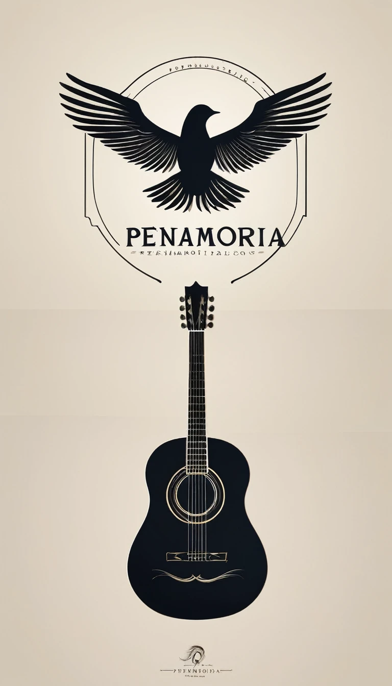 A minimal, modern, simple, cinematic logotype for the brand “Penamemoria". The logotype must be a simple, magical feather and a boy playing acoustic guitar. The logo must convey a sense of music, stories and dreams. Logo design impressed on a book cover. Minimalistic logo