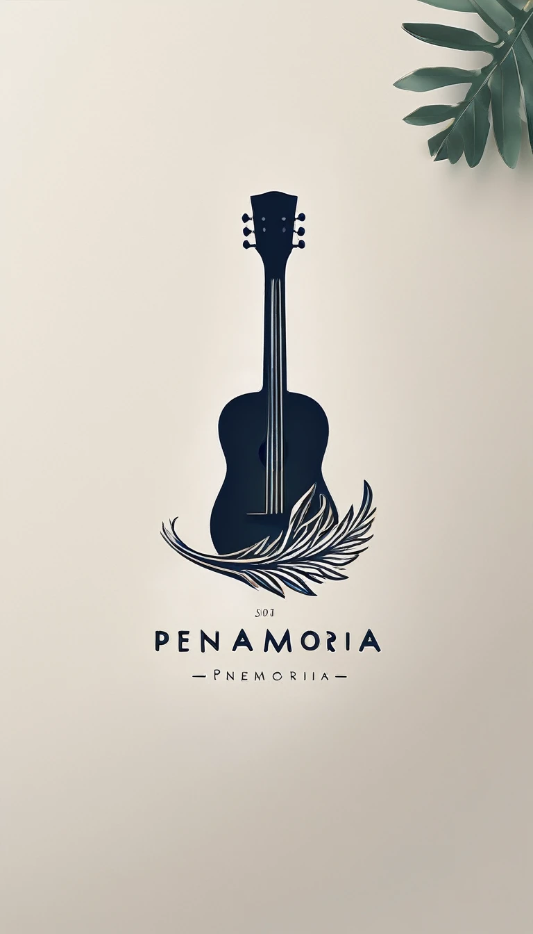 A minimal, modern, simple, cinematic logotype for the brand “Penamemoria". The logotype must be a simple, magical feather and a boy playing acoustic guitar. The logo must convey a sense of music, stories and dreams. Logo design impressed on a book cover. Minimalistic logo
