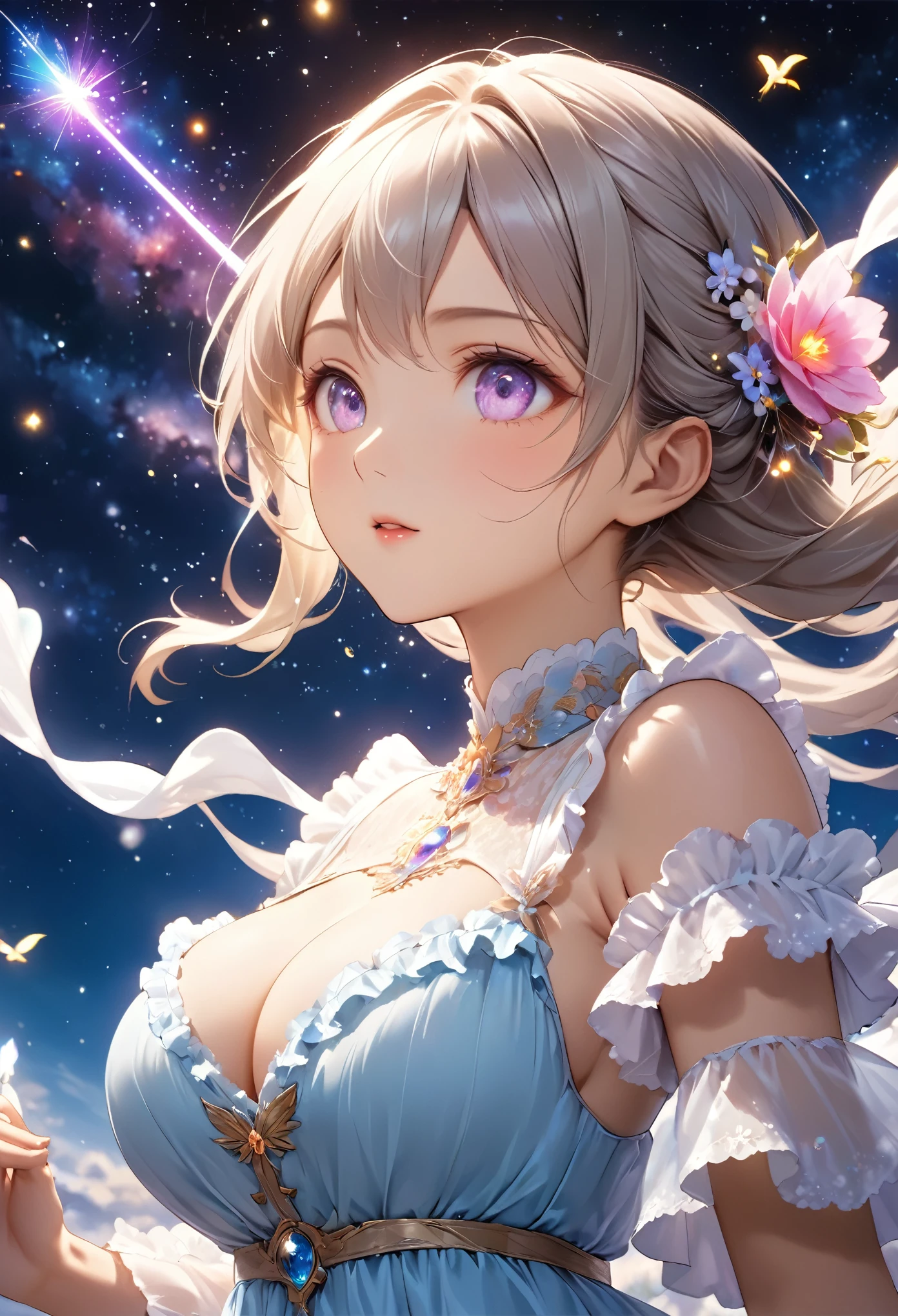 Highest quality, Super quality, 16K, Incredibly absurd, Very detailed, 2.5D, delicate and dynamic, Small faint lights and flying fireflies, night, Starry Sky, milky way, nebula, shooting star, Flowers, birds, wind and moon, Extremely delicate facial expression, Delicate eye depiction, Upper body close-up, erotic, sole sexy lady, healthy shaped body, 22 years old lady, White Devil Guide, 170cm tall, huge firm bouncing busts, Colorful magic wand, A long dress with a complex structure, A colorful long dress, frilly see-through long dress