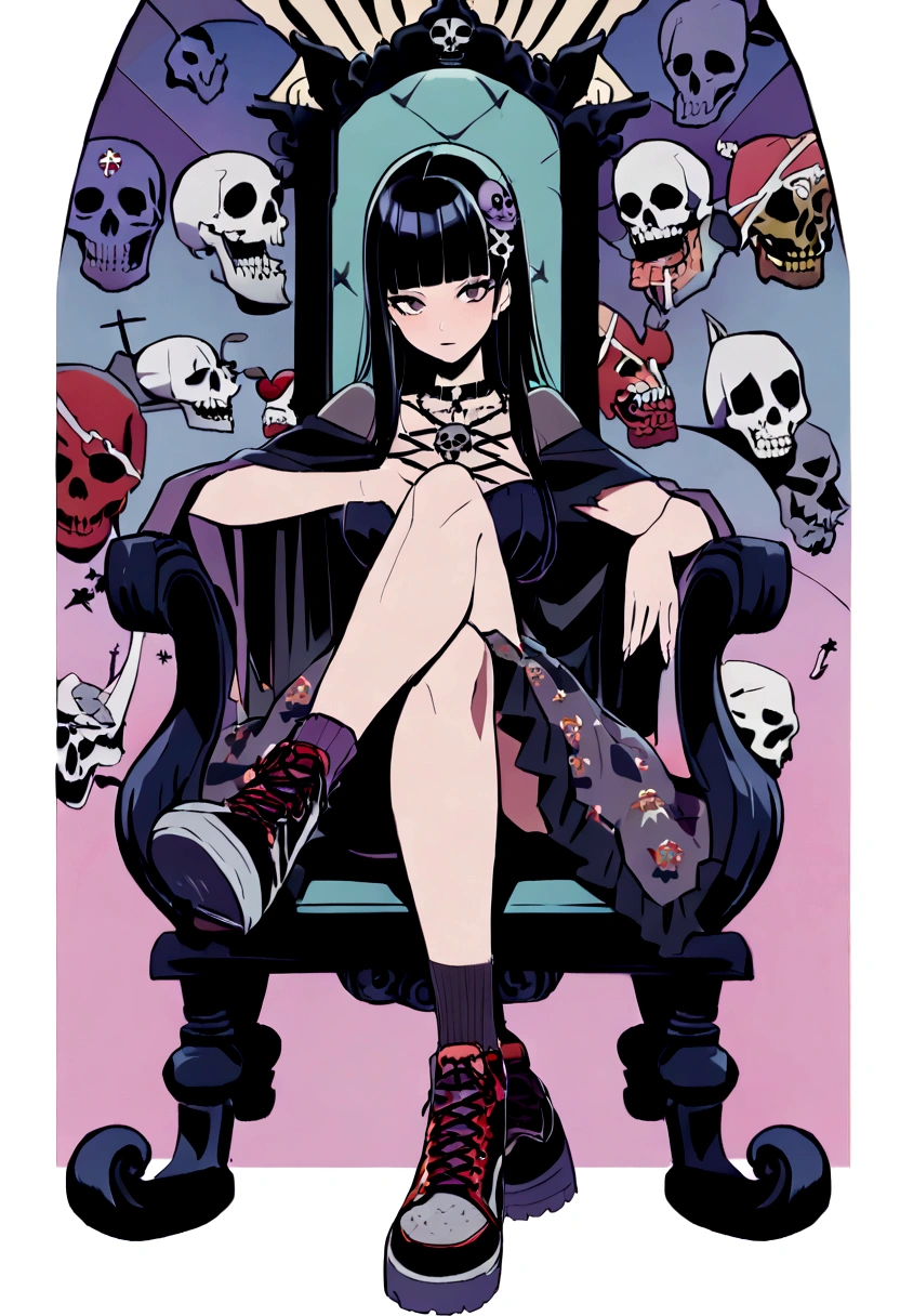 Black Hair、Black Feather、Gothic punk dress、Legs sticking out，Sit on a chair, Crossing your legs、Throne,anime zombie witch design, Crossbones, skull, Streetwear Design, Provector, Horror Style, Full Design, Only 6 colors, Solid Colors, No Shadow, Full Design, Stickers, Bright colors, White Background.Ultra-fine illustrations,(((Beautiful fine hair))),(((Beautiful Faces))),(((Beautiful background))),(((Beautiful fine hair))),(((Beautiful Faces))),(((Beautiful background)))、Black Hair、Blunt bangs