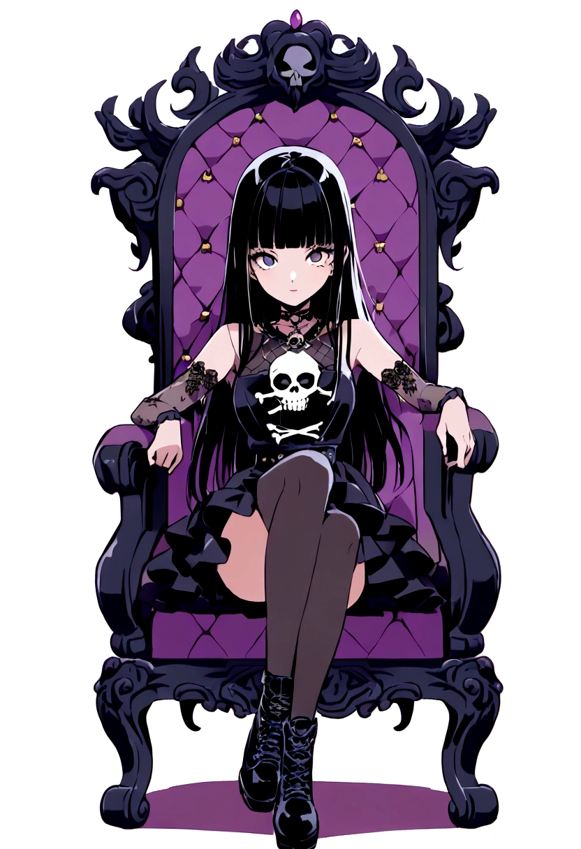 Black Hair、Black Feather、Gothic punk dress、Legs sticking out，Sit on a chair, Crossing your legs、Throne,anime zombie witch design, Crossbones, skull, Streetwear Design, Provector, Horror Style, Full Design, Only 6 colors, Solid Colors, No Shadow, Full Design, Stickers, Bright colors, White Background.Ultra-fine illustrations,(((Beautiful fine hair))),(((Beautiful Faces))),(((Beautiful background))),(((Beautiful fine hair))),(((Beautiful Faces))),(((Beautiful background)))、Black Hair、Blunt bangs