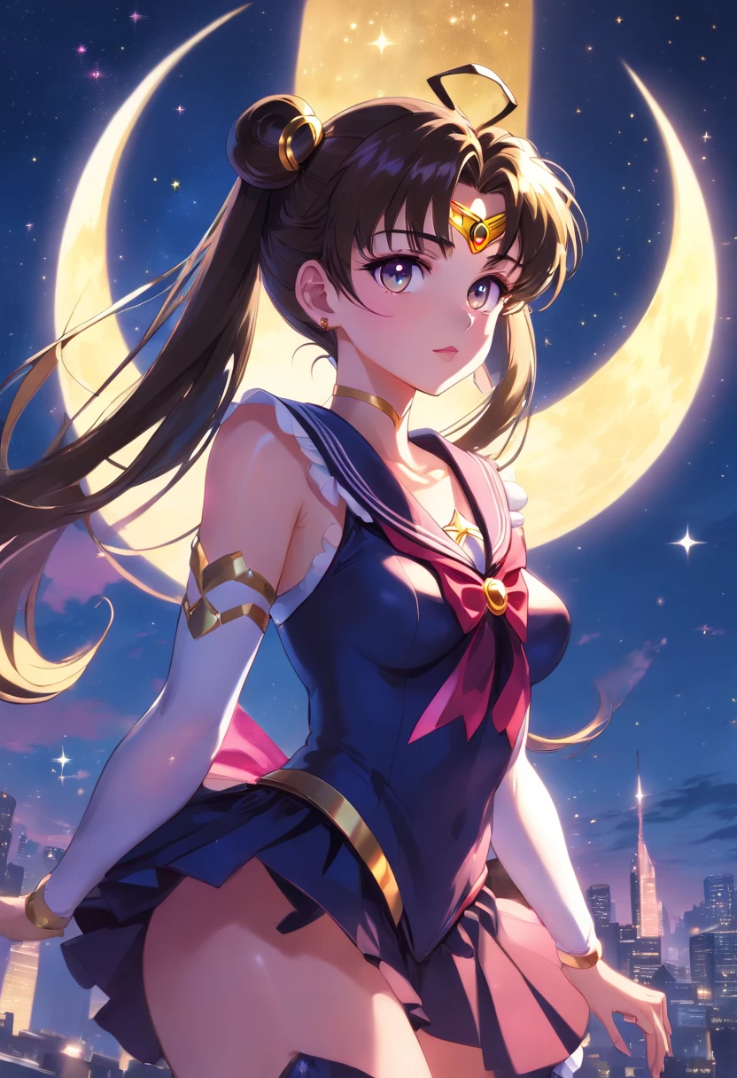 sailor moon, realistic, 1girl, (magical girl:1.4), long dark brown hair, (gold opal eyes), (crystals, shimmer bokeh), (gothic:1.4)style sailor scout uniform, (big breasts:1.25), cleavage, wide hips, small waist, tan skin, collarbone, parted lips, makeup, blush, shiny skin, night, reflection, full moon, moonlight, rose