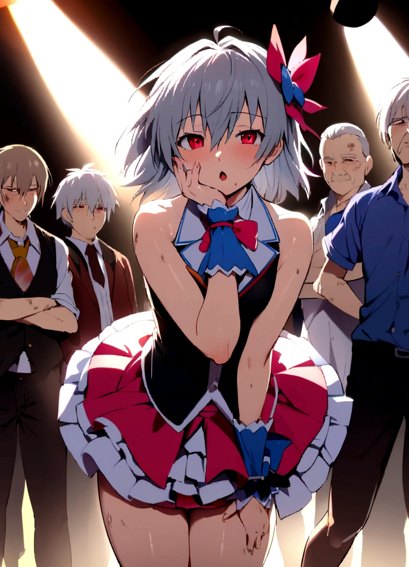 masterpiece, best quality, extremely detailed, evangelion kaworu nagisa, kaworu nagisa, red eyes, seductive, hot, cute, extremely cute, (nsfw, sexualized, harassed, sexual assault, sexualized by dirty bald old men) idol, on stage, strong shining aura, cute poses, (cute idol clothes, alot of accessories, hair accessories) idol group member, center of attention, audience