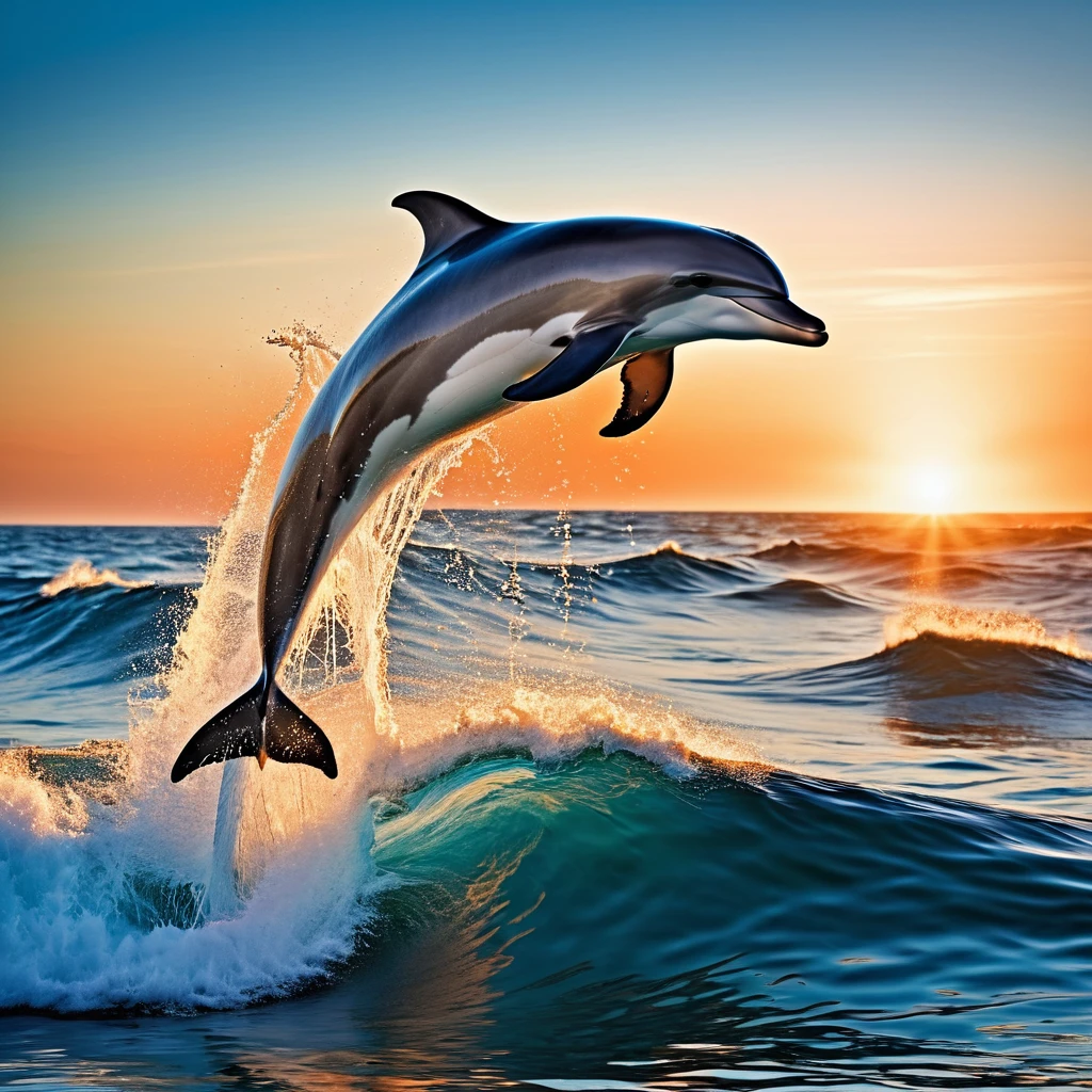 a surreal digital image of a dolphin jumping out of the water with a massive wave in the background. Use dominant colors of blue and orange to create a contrast between the calm of the sea and the warmth of the setting sun. Mettez l’accent sur le mouvement et la symétrie autour du dauphin central, avec des reflets sur l’eau et une profondeur de champ qui floute l’horizon lointain,