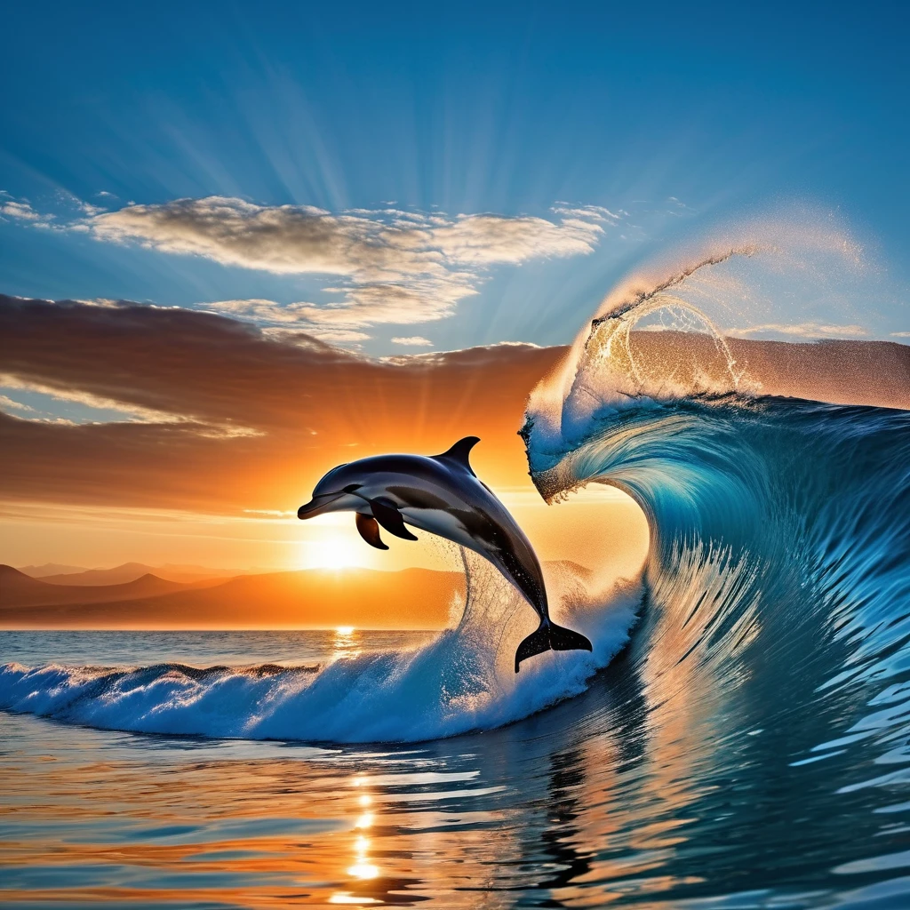 a surreal digital image of a dolphin jumping out of the water with a massive wave in the background. Use dominant colors of blue and orange to create a contrast between the calm of the sea and the warmth of the setting sun. Mettez l’accent sur le mouvement et la symétrie autour du dauphin central, avec des reflets sur l’eau et une profondeur de champ qui floute l’horizon lointain,