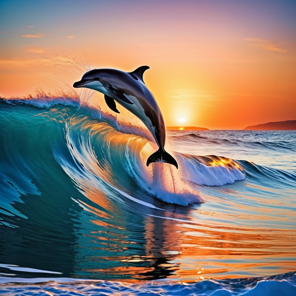 a surreal digital image of a dolphin jumping out of the water with a massive wave in the background. Use dominant colors of blue and orange to create a contrast between the calm of the sea and the warmth of the setting sun. Mettez l’accent sur le mouvement et la symétrie autour du dauphin central, avec des reflets sur l’eau et une profondeur de champ qui floute l’horizon lointain,