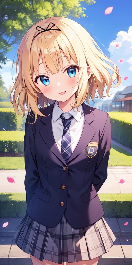 1girl, solo, thin, kirima syaro, gochuumon wa usagi desu ka?, medium hair, blonde hair, blue eyes, small breasts, 
BREAK necktie, shirt, black shirt, plaid, plaid necktie, jacket, long sleeves, plaid skirt, pleated skirt, collared shirt, blazer, ribbon, white jacket, black ribbon,hair ribbon, grey necktie, buttons, 
BREAK looking at viewer, cowboy shot, pov, head tilt, arms behind back,
BREAK outdoor, school, tree, blue sky, cloud, petals, wind, blush, light smile, 
BREAK (masterpiece:1.2), best quality, high resolution, (beautiful detailed eyes:1.2), extremely detailed face, extremely detailed CG, (perfect hands, perfect anatomy), 