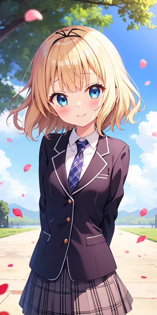 1girl, solo, thin, kirima syaro, gochuumon wa usagi desu ka?, medium hair, blonde hair, blue eyes, small breasts, 
BREAK necktie, shirt, black shirt, plaid, plaid necktie, jacket, long sleeves, plaid skirt, pleated skirt, collared shirt, blazer, ribbon, white jacket, black ribbon,hair ribbon, grey necktie, buttons, 
BREAK looking at viewer, cowboy shot, pov, head tilt, arms behind back,
BREAK outdoor, school, tree, blue sky, cloud, petals, wind, blush, light smile, 
BREAK (masterpiece:1.2), best quality, high resolution, (beautiful detailed eyes:1.2), extremely detailed face, extremely detailed CG, (perfect hands, perfect anatomy), 