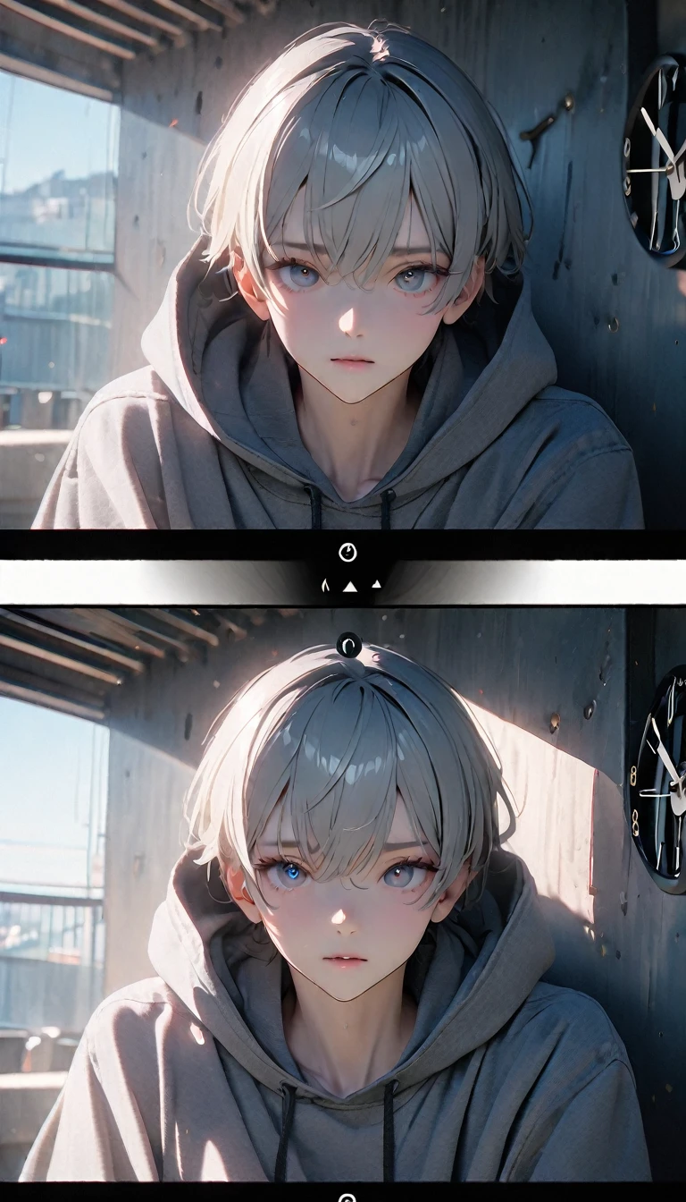 (8K, RAW photos, best quality, masterpiece: 1.4), (((Wall clock)))，Ultra-high resolution, Extremely detailed, light, Close-up of the clock, handsome boy, black eyes, (delicate eyes, Eyes are bright:1.2), Gray short hair, Fair skin,dark, Grey sweatshirt, sweatshirt with hood,(perfect anatomy:1.2), High-quality shadows, Natural Lighting, (White highlights:1.2), night, cloudy day, (at home:1.2), (Second hand on the clock:1.2)