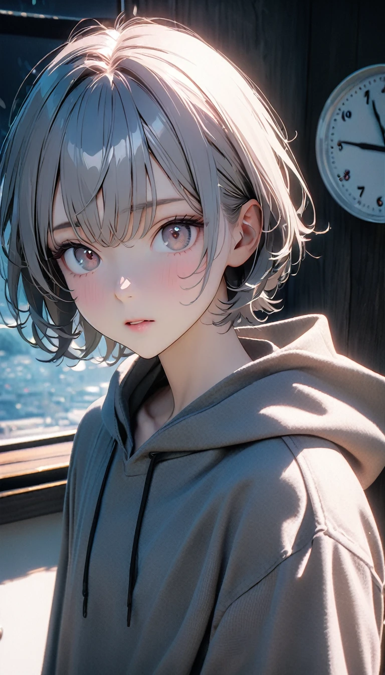 (8K, RAW photos, best quality, masterpiece: 1.4), (((Wall clock))),Ultra-high resolution, Extremely detailed, light, Close-up of the clock, handsome boy, black eyes, (delicate eyes, Eyes are bright:1.2), Gray short hair, Fair skin,dark, Grey sweatshirt, sweatshirt with hood,(perfect anatomy:1.2), High-quality shadows, Natural Lighting, (White highlights:1.2), night, cloudy day, (at home:1.2), (Second hand on the clock:1.2)