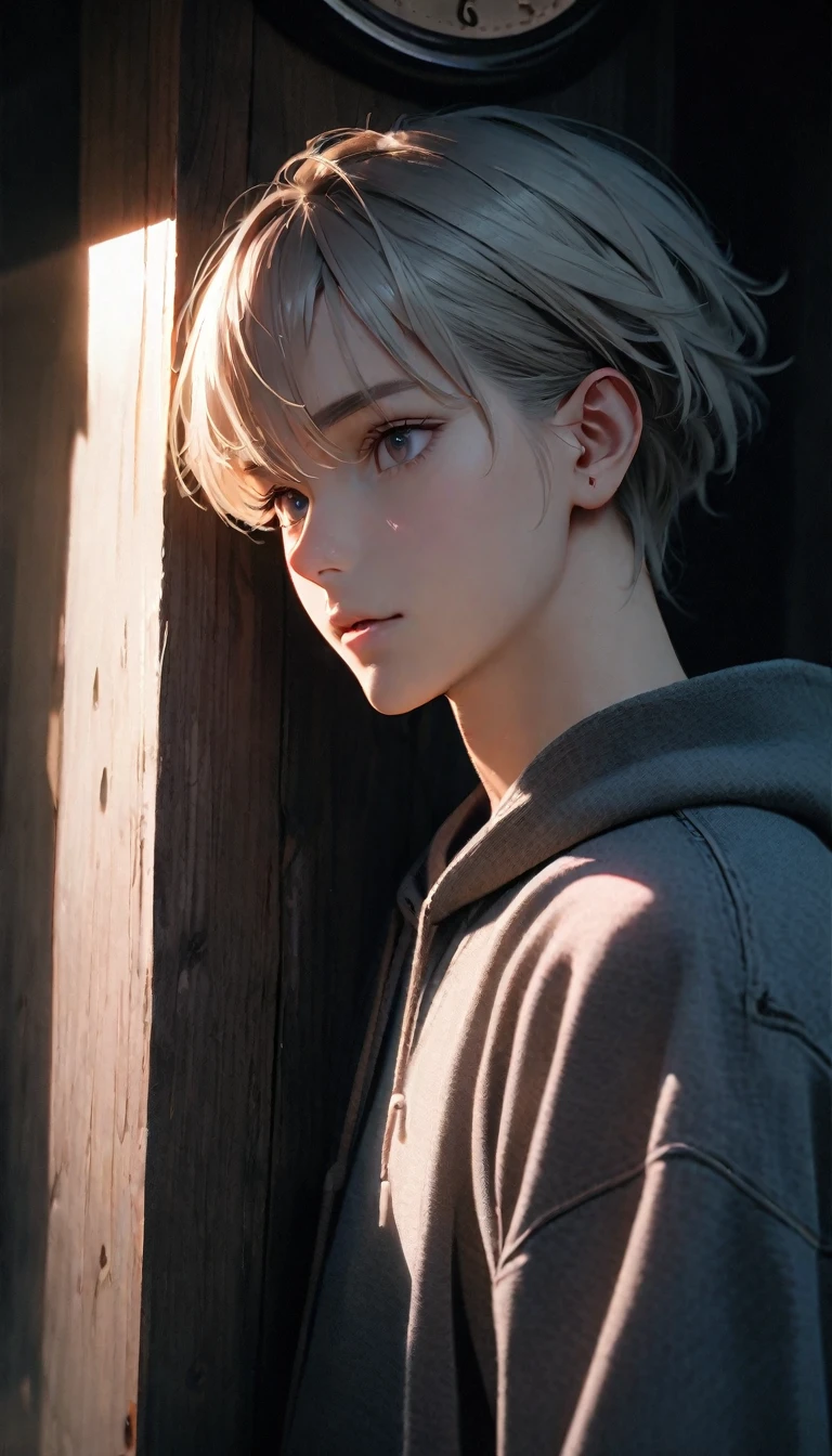 (8K, RAW photos, best quality, masterpiece: 1.4), (((Wall clock))),Ultra-high resolution, Extremely detailed, light, Close-up of the clock, handsome boy, black eyes, (delicate eyes, Eyes are bright:1.2), Gray short hair, Fair skin,dark, Grey sweatshirt, sweatshirt with hood,(perfect anatomy:1.2), High-quality shadows, Natural Lighting, (White highlights:1.2), night, cloudy day, (at home:1.2), (Second hand on the clock:1.2)