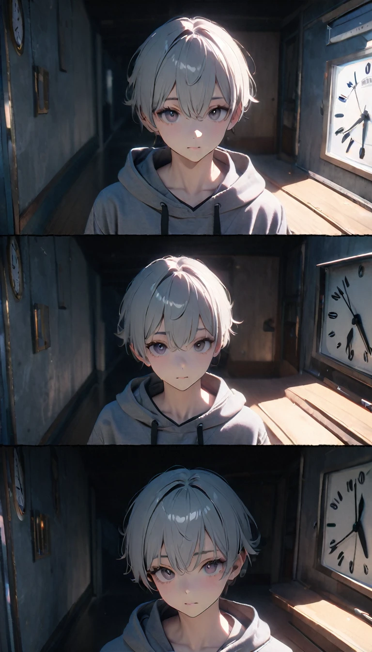 (8K, RAW photos, best quality, masterpiece: 1.4), (((Wall clock))),Ultra-high resolution, Extremely detailed, light, Close-up of the clock, handsome boy, black eyes, (delicate eyes, Eyes are bright:1.2), Gray short hair, Fair skin,dark, Grey sweatshirt, sweatshirt with hood,(perfect anatomy:1.2), High-quality shadows, Natural Lighting, (White highlights:1.2), night, cloudy day, (at home:1.2), (Second hand on the clock:1.2)