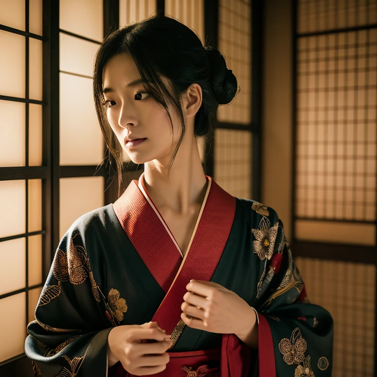A breathtakingly realistic image depicting the Japanese yokai Rokurokubi in a eerie and macabre way. The woman's head and torso are roughly 10 feet apart, connected by an unnaturally long neck, and she has a pale, almost porcelain-like face with an emotionless expression. She wears a traditional red kimono with a delicate floral pattern. Shot from eye level to accentuate her long neck and incredibly creepy presence. Set in a traditional Japanese room with tatami mats and shoji screens, the natural light creates a serene yet eerie atmosphere. The image is rendered in an astounding 16K resolution, capturing the smooth skin, intricate kimono fabric and surreal details of the surrounding environment. The colors are muted and natural, meticulously graded in ACES color space to achieve a memorable cinematic tone. The composition has been meticulously crafted to eliminate imperfections and distractions, resulting in a spine-chillingly perfect image that pushes the limits of photorealism. --ar 9:16 --v 6.0 --q 2 --s 1000