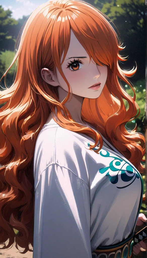 masterpiece, best quality), intricate details, 1 girl, woman, orange hair, nami \ (one piece\), (long hair), shirt, white shirt, female focus, clothes, orange colour kimono, nature, scenery, upper body, ((front view)) ((close up shot)) ((solo)) ((hair over one eyes)) detailed, very high resolution, no blurry image, full body, orange eyes, sligh wavy hair, ((nami from one piece)) ((female nami from one piece)), holding katana, (((wavy hair)) 