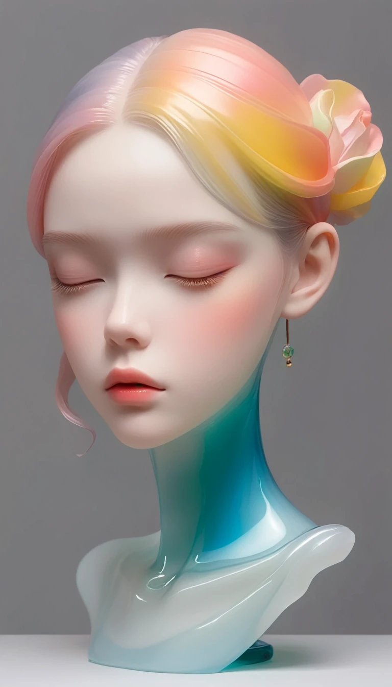 3D portrait sculptures are placed on the central stand，simple，Minimalism，beautiful girl，Soft and elegant colors，Colored glass transparent