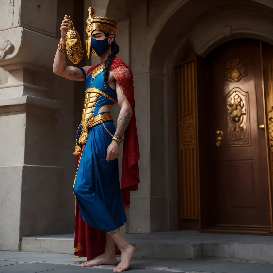 Voluptuous priestess with tattoos, Body piercings and an Iron Man mask outside a Hindu temple Ultra-realistic photo