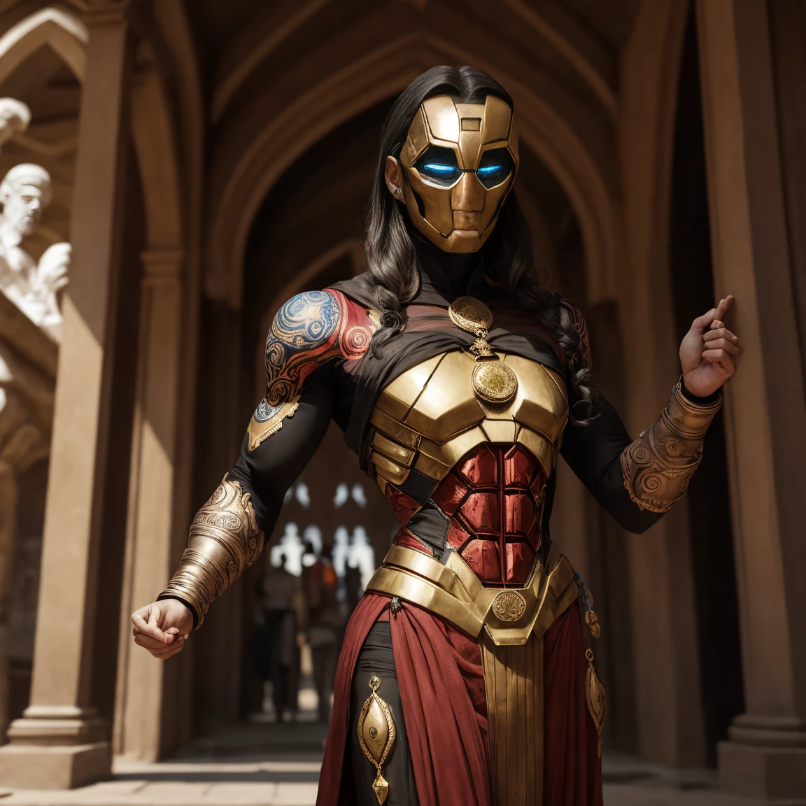 Voluptuous priestess with tattoos, Body piercings and an Iron Man mask outside a Hindu temple Ultra-realistic photo 