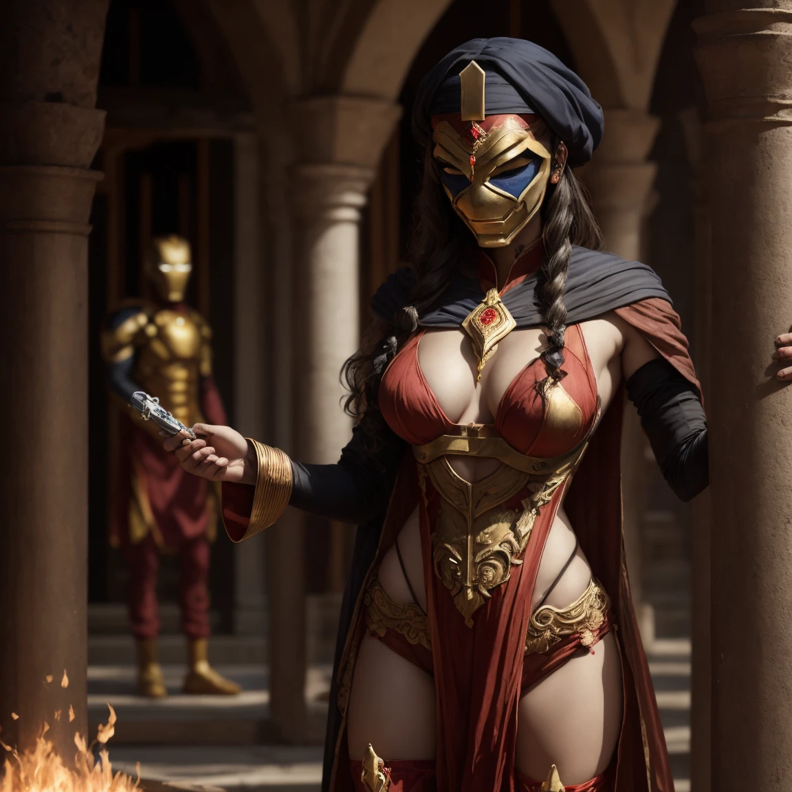 Voluptuous priestess with tattoos, Body piercings and an Iron Man mask outside a Hindu temple Ultra-realistic photo