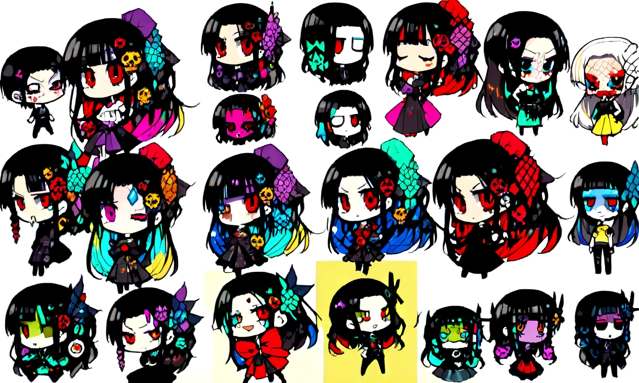 1 person、Full Body、Red Eyes、Black Hair、Black Feather、Gothic Punk、tears,anime zombie witch design, skulls, street wear design, pro vector, Horror style, full design, 6 colors only, solid colors, no shadows, full design, sticker, bright colors, white background.super fine illustration,(((beautiful fine hair))),(((beautiful fine face))),(((beautiful fine background))),(((beautiful fine hair))),(((beautiful fine face))),(((beautiful fine background)))、Black Hair、blunt bangs