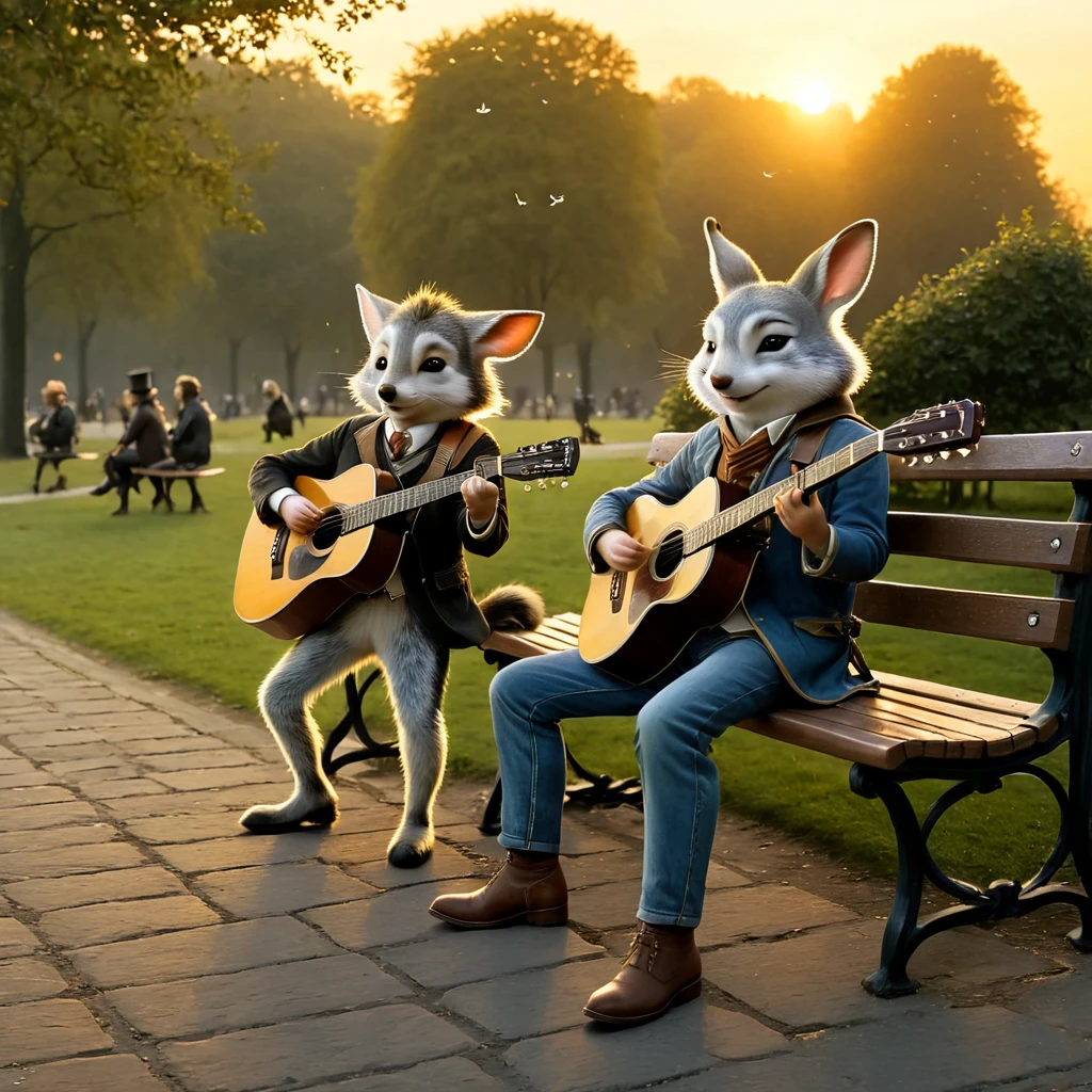 C4tt4stic, anthropomorphic cute animal characters, dressed and walking on bipeds, human-like posture, playing acoustic guitar, park bench, sunset, relaxing, enjoying music, mystical, fantasy art, exquisite details, Jean-Baptiste Monge style, Alan Lee style, movie scene, dramatic shot angles, atmospheric particles, realistic, raw cinematic photorealism, action portrait, 8k, detailed, full frame
