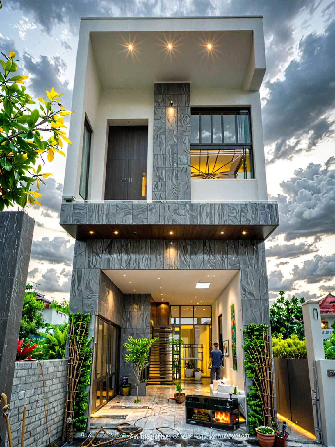 modern villa on street, (overcast lighting:1.2), tropical tree, vivid color, curve wall, streetcapes, nice sky, grey and wwhite tone, (large glass door:1.2), warm interior lighting, modern material, best quality, ultra realistic, masterpiece, 17ArchiAI_XL_VL-v1