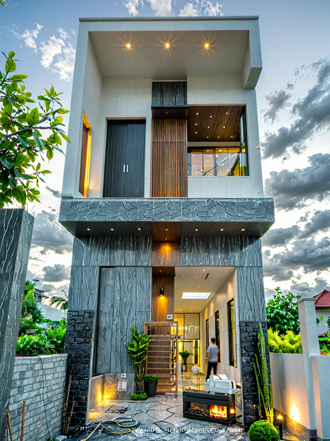 modern villa on street, (overcast lighting:1.2), tropical tree, vivid color, curve wall, streetcapes, nice sky, grey and wwhite tone, (large glass door:1.2), warm interior lighting, modern material, best quality, ultra realistic, masterpiece, 17ArchiAI_XL_VL-v1