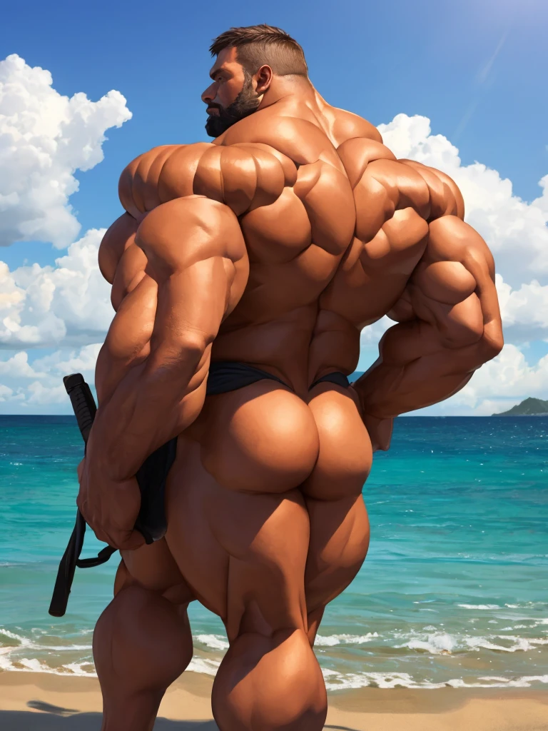 beach, back view, extremely huge muscular, massive muscular, full-body, well-muscled old man and showing back muscle. ((extremely muscle size, super thick arms, huge back, extremely wide back and shoulder , huge arms)). and add details to make it attractive and interesting. Add textures and details to make the image more realistic, such as the appearance of the shirt texture and the appearance of the skin. Make sure the resulting image is high resolution, 8K quality."