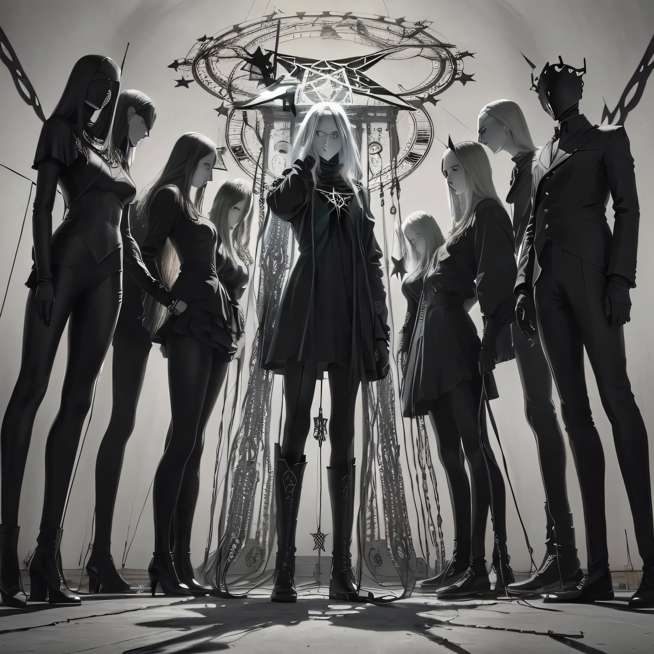 arafed image of a group standing in front of a clock, and pentagram , dark figures without faces