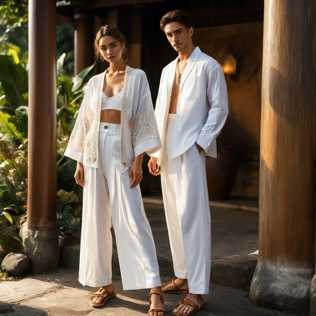 In a picturesque Chiang Mai province setting, a good looking young man and woman, both aged 18-25, showcase fashion white outfits inspired by Christian Dior's resort collection, blending local culture and nature in elegant white rayon. Captured in a full-body pose, their presence and the intricate details of the surroundings are emphasized. The man wears white oversized short-sleeved bowling rayon shirt, paired with relaxed-fit mixed cotton-Rayon sweat pants, and a beige utility white Yukata. He completes his look with white leather-strap flip-flops, wooden-framed sunglasses, and a woven bracelet. The woman complements him in a white rayon long dress, and a sleeveless white crop top. Her ensemble includes with wooden button details. She accessorizes with a wide-brimmed straw hat, beaded-strap sandals and necklace. Photographed with a a Canon EOS R6 with Sigma AF 85mm F1.4 EX DG HSM, utilizing natural light, the image employs shadows to enhance features and add depth to the composition. The careful layering and arrangement of body parts and surrounding objects ensure a flawless composition. This masterpiece celebrates the beauty of the models and invites viewers to immerse themselves in a world of sophistication and charm. The seductive lighting and intricate details, combined with a dramatic composition, capture the essence of a fun-filled day brimming with joy and relaxation. Attention is meticulously paid to the layers and arrangement of body parts and surrounding objects, ensuring correct body structure and photo distance. The romantic atmosphere, paired with a lively and extremely gorgeous background, completes this captivating scene.