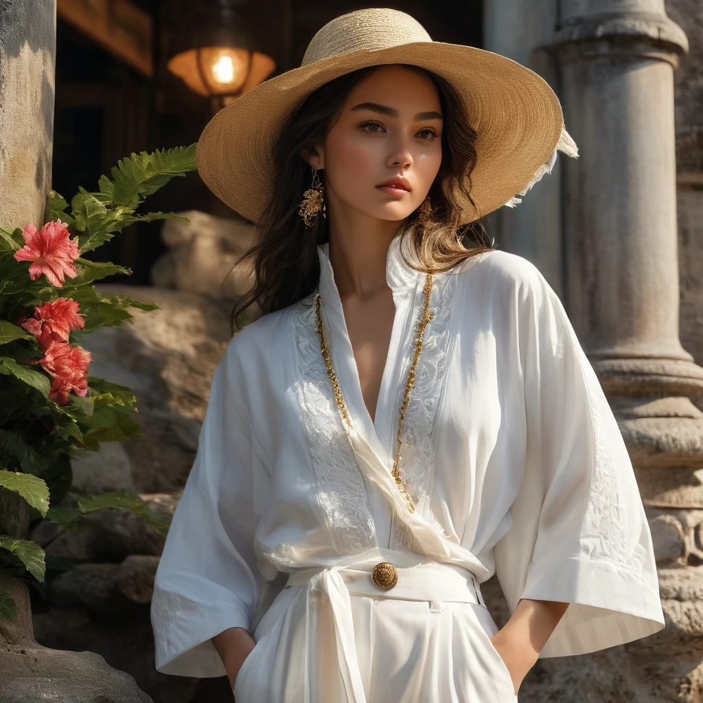 In a picturesque Chiang Mai province setting, a good looking young man and woman, both aged 18-25, showcase fashion white outfits inspired by Christian Dior's resort collection, blending local culture and nature in elegant white rayon. Captured in a full-body pose, their presence and the intricate details of the surroundings are emphasized. The man wears white oversized short-sleeved bowling rayon shirt, paired with relaxed-fit mixed cotton-Rayon sweat pants, and a beige utility white Yukata. He completes his look with white leather-strap flip-flops, wooden-framed sunglasses, and a woven bracelet. The woman complements him in a white rayon long dress, and a sleeveless white crop top. Her ensemble includes with wooden button details. She accessorizes with a wide-brimmed straw hat, beaded-strap sandals and necklace. Photographed with a a Canon EOS R6 with Sigma AF 85mm F1.4 EX DG HSM, utilizing natural light, the image employs shadows to enhance features and add depth to the composition. The careful layering and arrangement of body parts and surrounding objects ensure a flawless composition. This masterpiece celebrates the beauty of the models and invites viewers to immerse themselves in a world of sophistication and charm. The seductive lighting and intricate details, combined with a dramatic composition, capture the essence of a fun-filled day brimming with joy and relaxation. Attention is meticulously paid to the layers and arrangement of body parts and surrounding objects, ensuring correct body structure and photo distance. The romantic atmosphere, paired with a lively and extremely gorgeous background, completes this captivating scene.