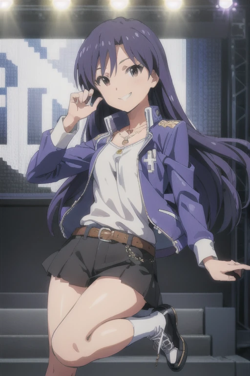 (((pixel-perfect, detail-perfect))), solo, 1girl, chihaya kisaragi, stage, jacket purple, closed jacket, necklace, looking at viewer, smile, grin, pants black, belts, shoes black, mic