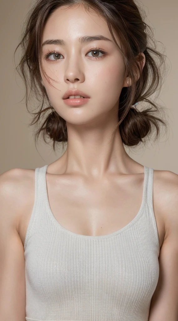 ((Highest quality, 8K, masterpiece :1.3)), One girl, Beautiful woman with slim abdominal muscles :1.3, (Random Hairstyles :1.2), Oversized tank top :1.2, Highly detailed face, Fine grain, double eyelid, Underarm