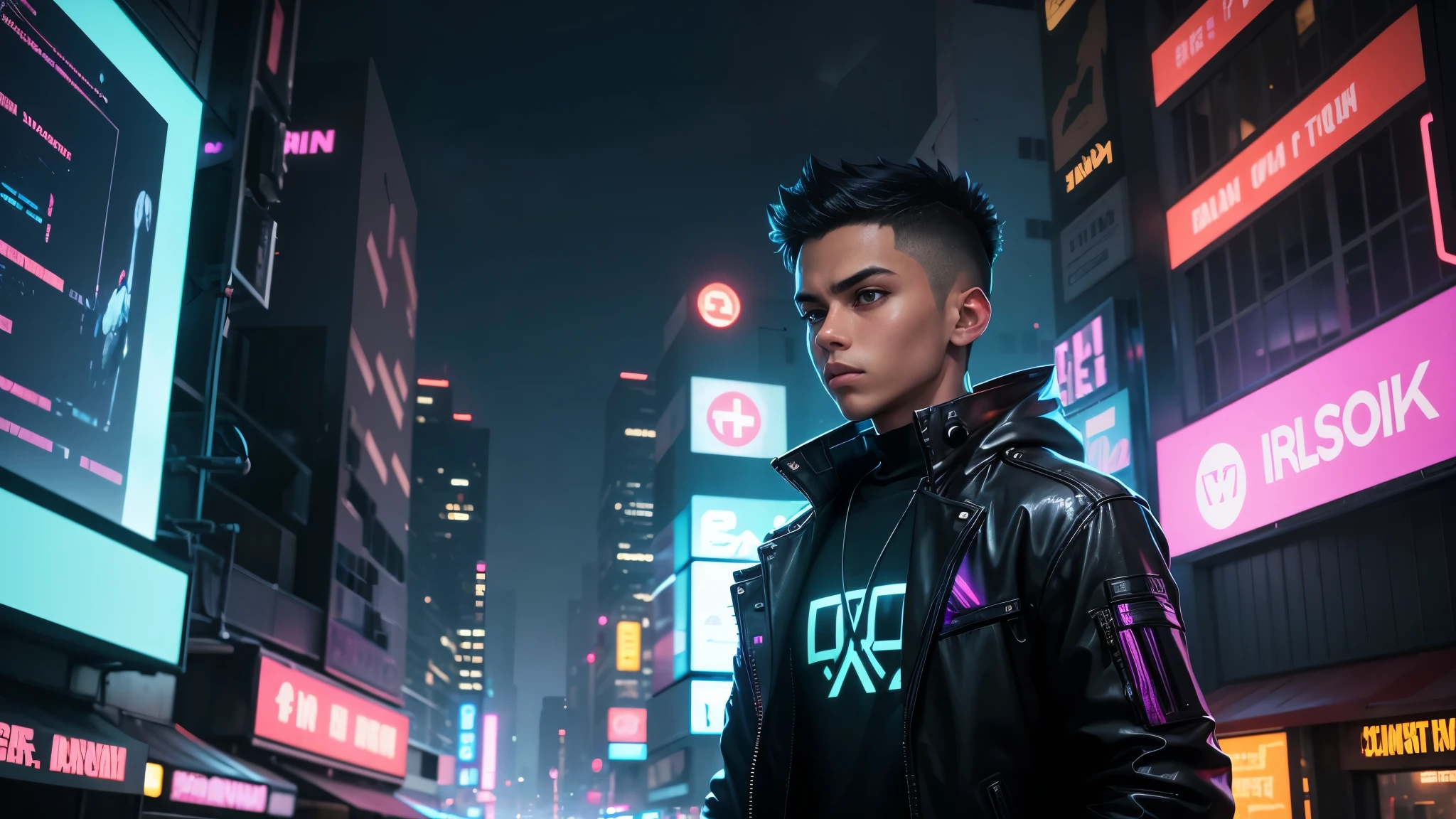 A young man is standing in the center of a narrow, gloomy street in a cyberpunk metropolis. The environment is dominated by bright neon lights that cast an iridescent aura over everything around.. Tall, futuristic buildings rise all around, covered in holograms and digital screens that display advertisements and distorted images. The night sky is illuminated by floating holograms and strings of neon lights that cut through the air.
the young, wearing urban and technological clothes, is in a contemplative pose, with eyes fixed on some distant point, lost in his own thoughts. Your face reflects a mixture of curiosity, loneliness and slight restlessness, as if he were searching for answers amidst the visual and technological chaos around him.