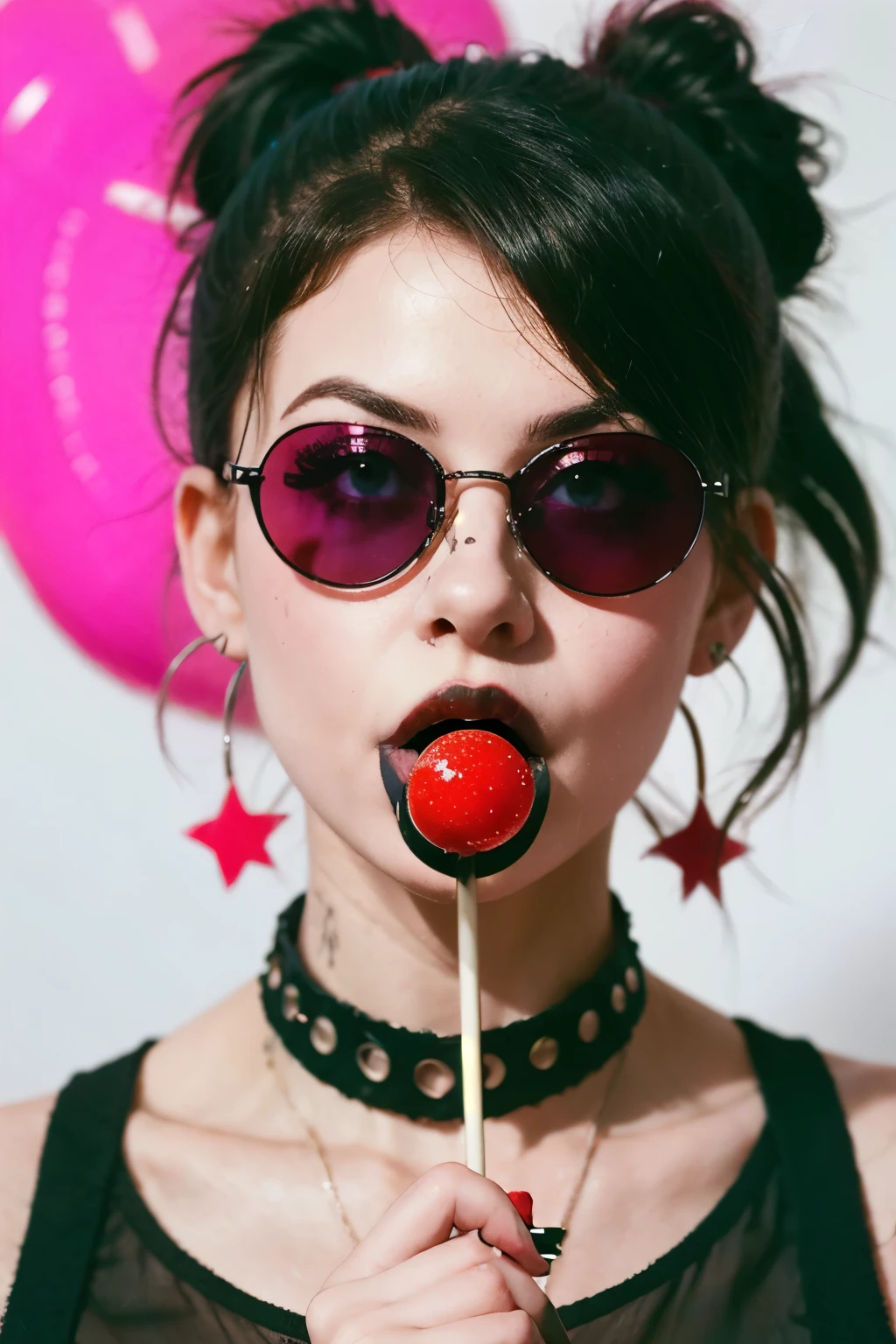 (work of art, best qualityer:1.2), 1 girl, standing alone, high qualiy raw photograph of a young (((goth girl, licking a red lollipop ,holding lollipop on hand))) , ((cut hair with bangs)), vibrant neon colors, cool sunglasses, silhuette, gazing at viewer, praise, ultra HD, precise, texturized skin, super detaill, High details, high qualiy, high resolution, 1080P, 4K