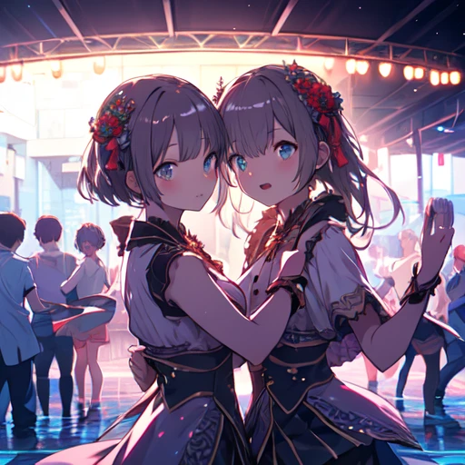 (masterpiece:1.2), (highest quality:1.2), Perfect Eyes, Perfect Face, Perfect lighting, 2 girls, group shot, dancing, idol group