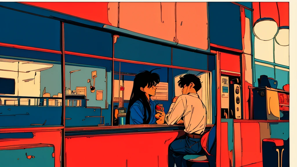 An emotional boy、The style is good、Long hair and jeans、Retro anime images、Highest quality、４ｋ、Alone at a coffee shop