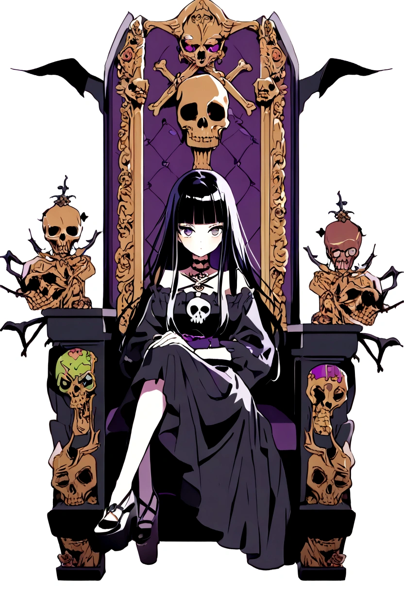 Black Hair、Black Feather、Gothic punk dress、Legs sticking out，Sit on a chair, Crossing your legs、Throne,anime zombie witch design, Crossbones, skull, Streetwear Design, Provector, Horror Style, Full Design, Only 6 colors, Solid Colors, No Shadow, Full Design, Stickers, Bright colors, White Background.Ultra-fine illustrations,(((Beautiful fine hair))),(((Beautiful Faces))),(((Beautiful background))),(((Beautiful fine hair))),(((Beautiful Faces))),(((Beautiful background)))、Black Hair、Blunt bangs