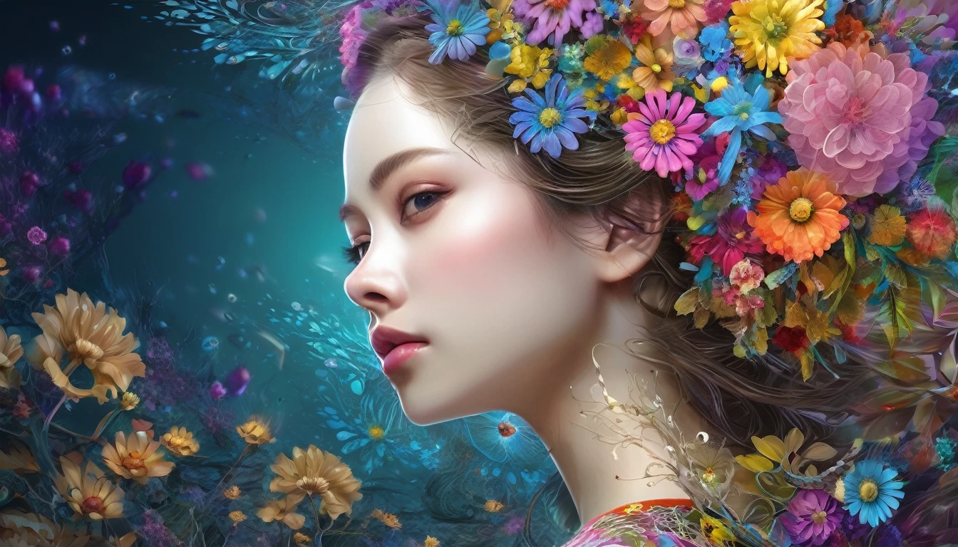 ((1girl in)), (masterpiece, top-quality, top-quality, Official Art, Beautifully Aesthetic: 1.2), (1 Flower), The upper part of the body, ighly detailed, (Fractal art: 1.3), colourfull, best detailed