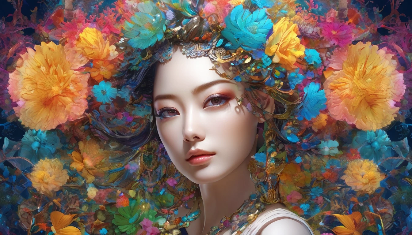 ((1girl in)), (​masterpiece, top-quality, top-quality, Official Art, Beautifully Aesthetic: 1.2), (1 Flower), The upper part of the body, ighly detailed, (Fractal art: 1.3), colourfull, best detailed