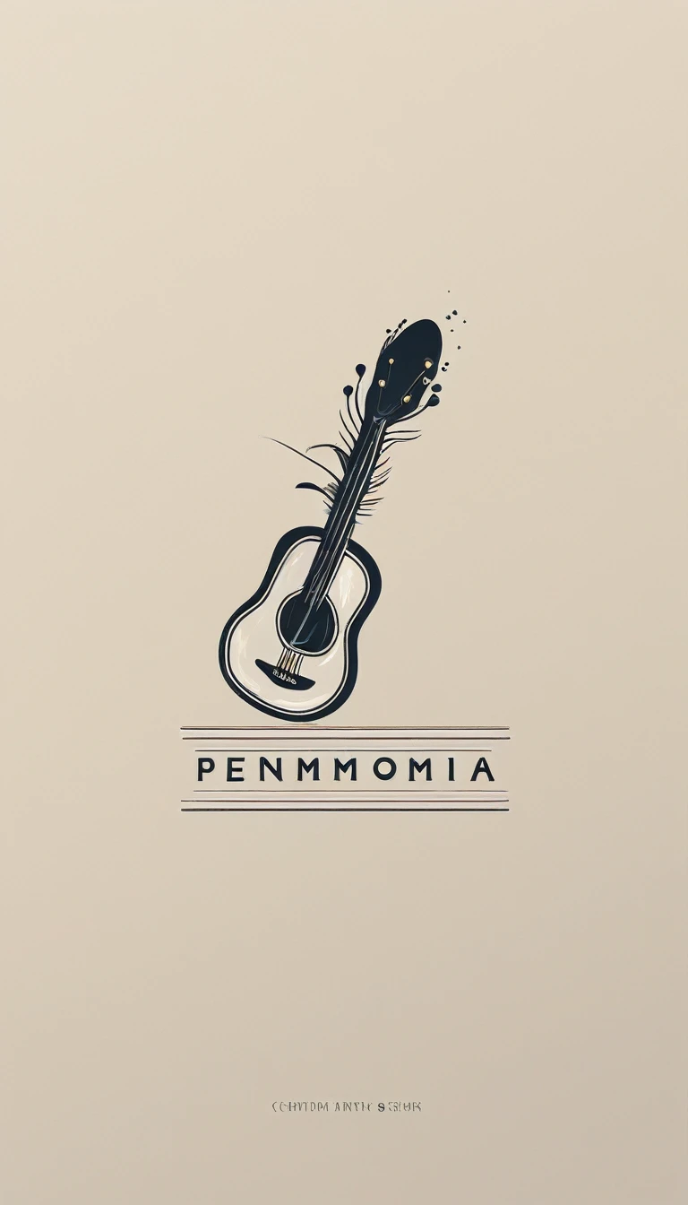 A minimal, modern, simple, cinematic logotype for the brand “Penamemoria". The logotype must be a simple, magical feather and a boy playing acoustic guitar. The logo must convey a sense of music, stories and dreams. Logo design impressed on a book cover. Minimalistic logo