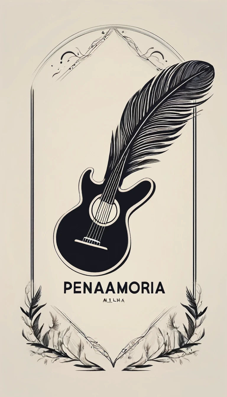 A minimal, modern, simple, cinematic logotype for the brand “Penamemoria". The logotype must be a simple, magical feather and a boy playing acoustic guitar. The logo must convey a sense of music, stories and dreams. Logo design impressed on a book cover. Minimalistic logo